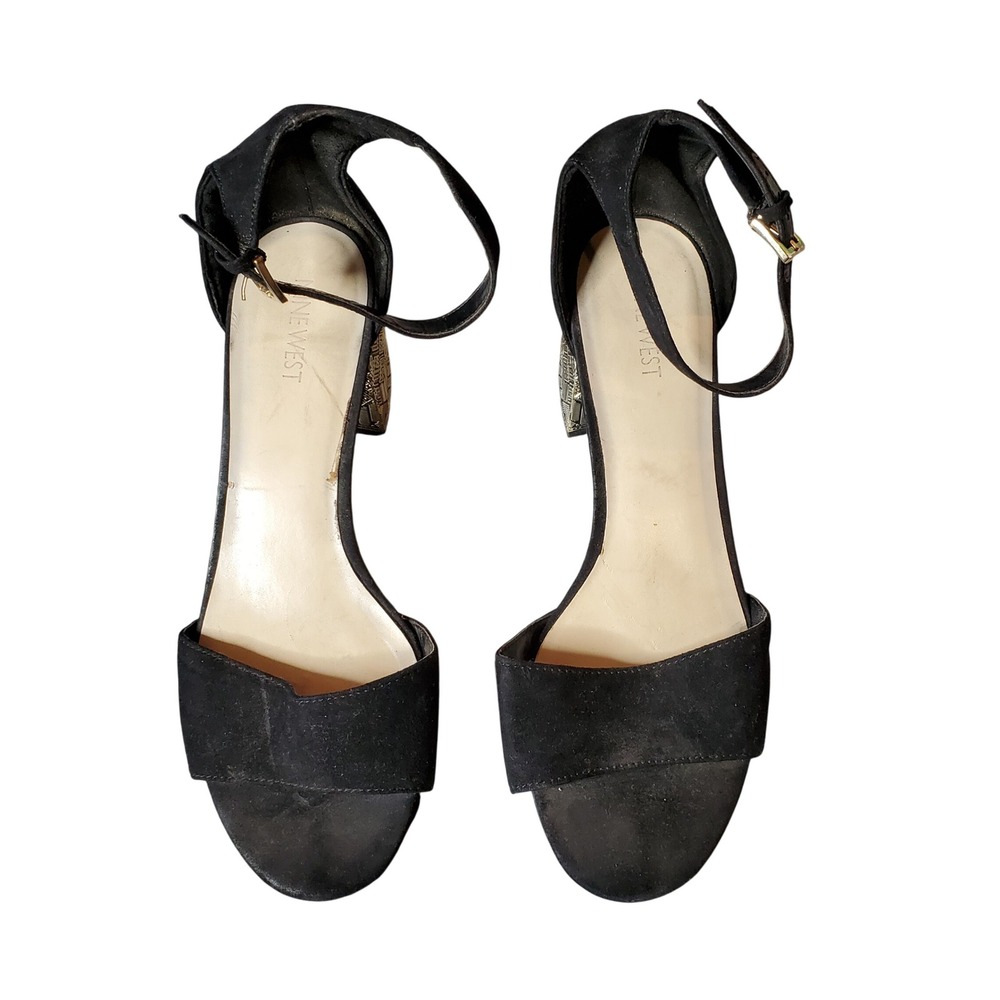Nine West Black Faux Suede Ankle Strap Gold Geometric Etched Block Heel 9M